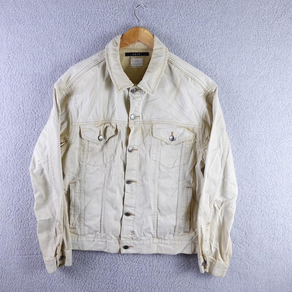 Ksubi Mens Cream Denim Trucker Jacket Off White Cotton Cross Logo Size L